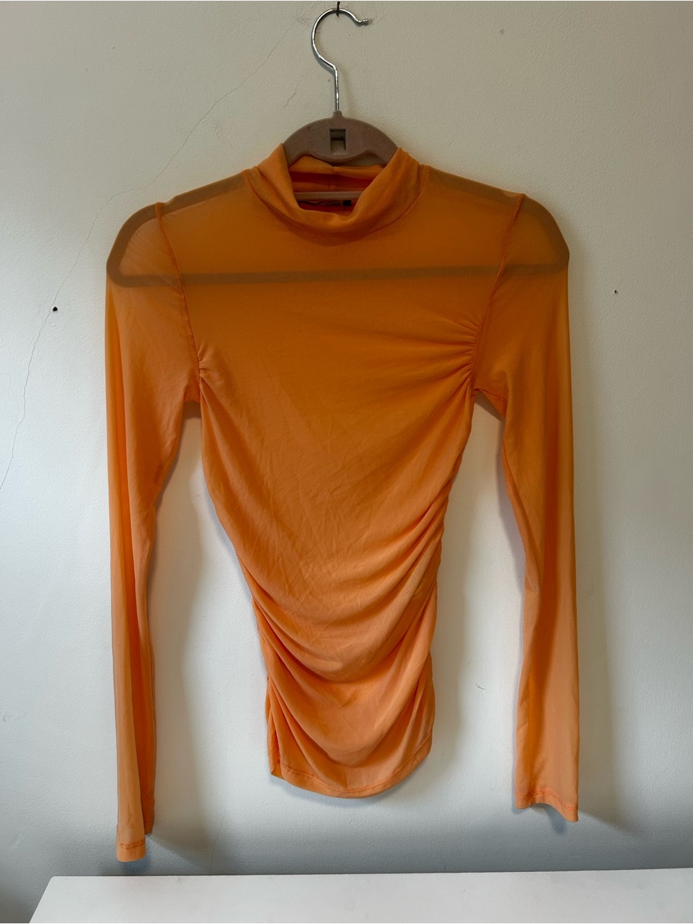 Zara Bright Orange Ruched Mock-Neck Long Sleeve Top
